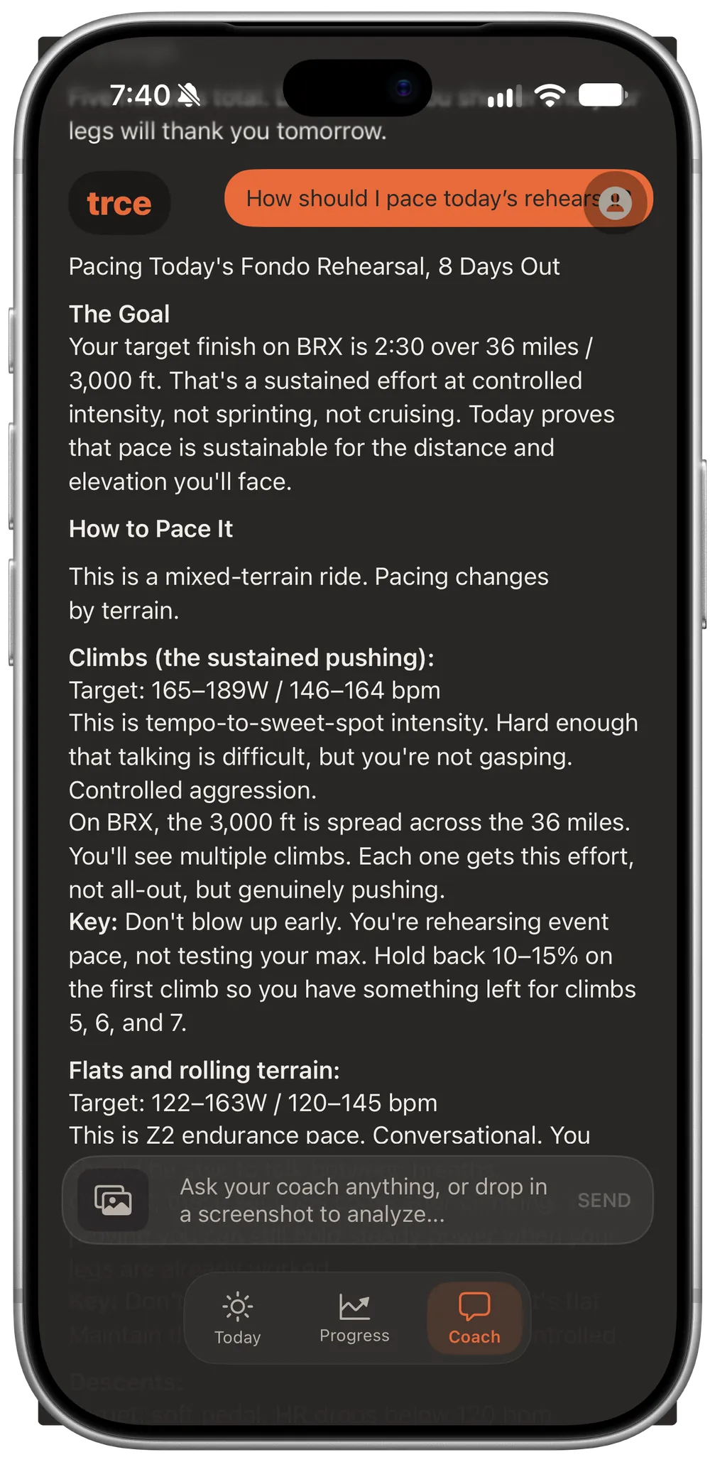The trce Coach tab on iPhone: a conversation with your coach about pacing an upcoming ride.
