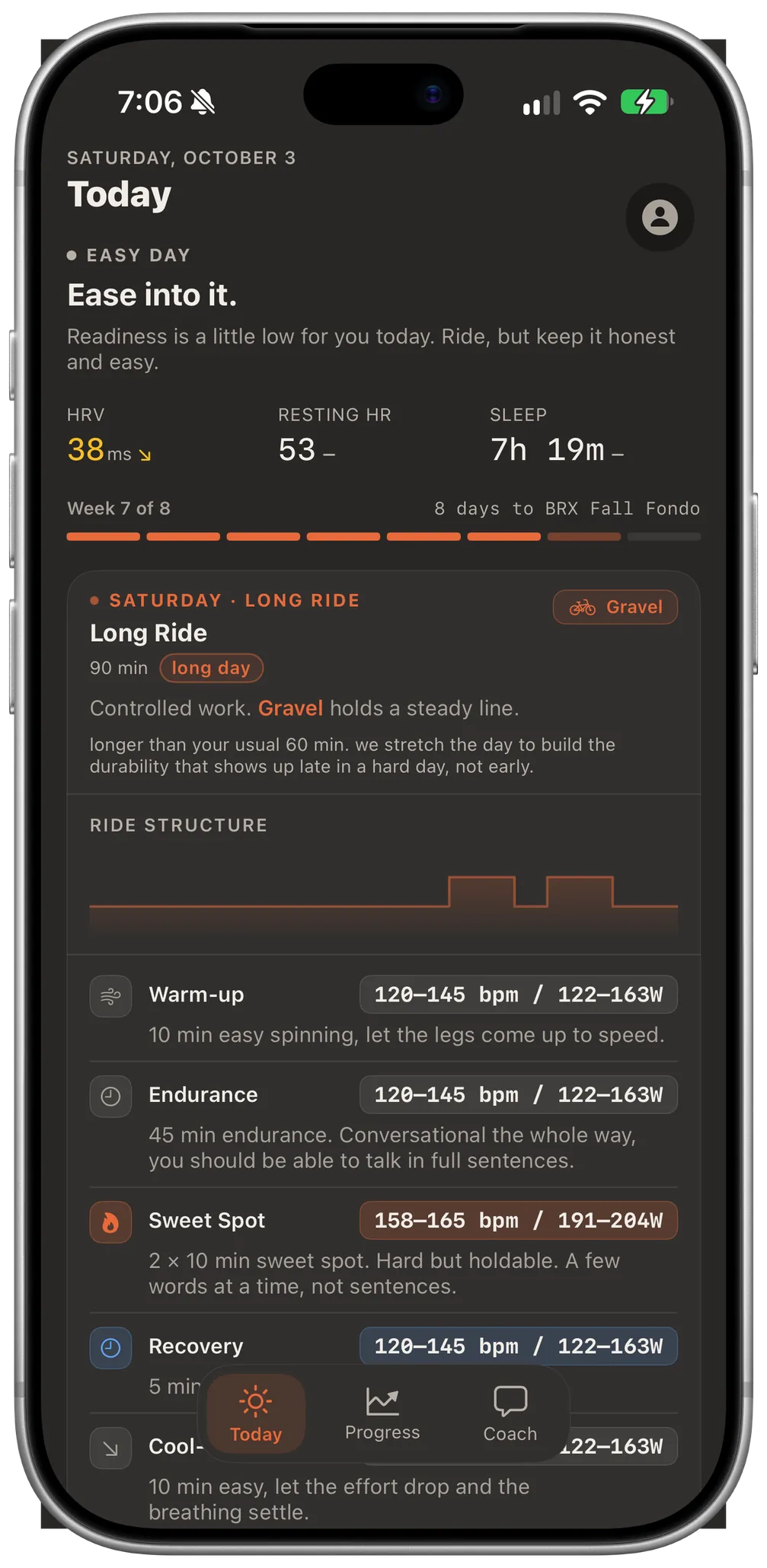 The trce Today screen on iPhone: today's session card with the ride structure and a heart rate and power target for each block.