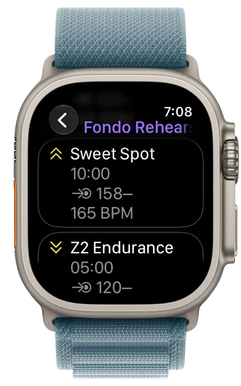 Today's trce session scheduled in the Workout app on Apple Watch Ultra: the workout's steps, each with its duration and heart rate range.